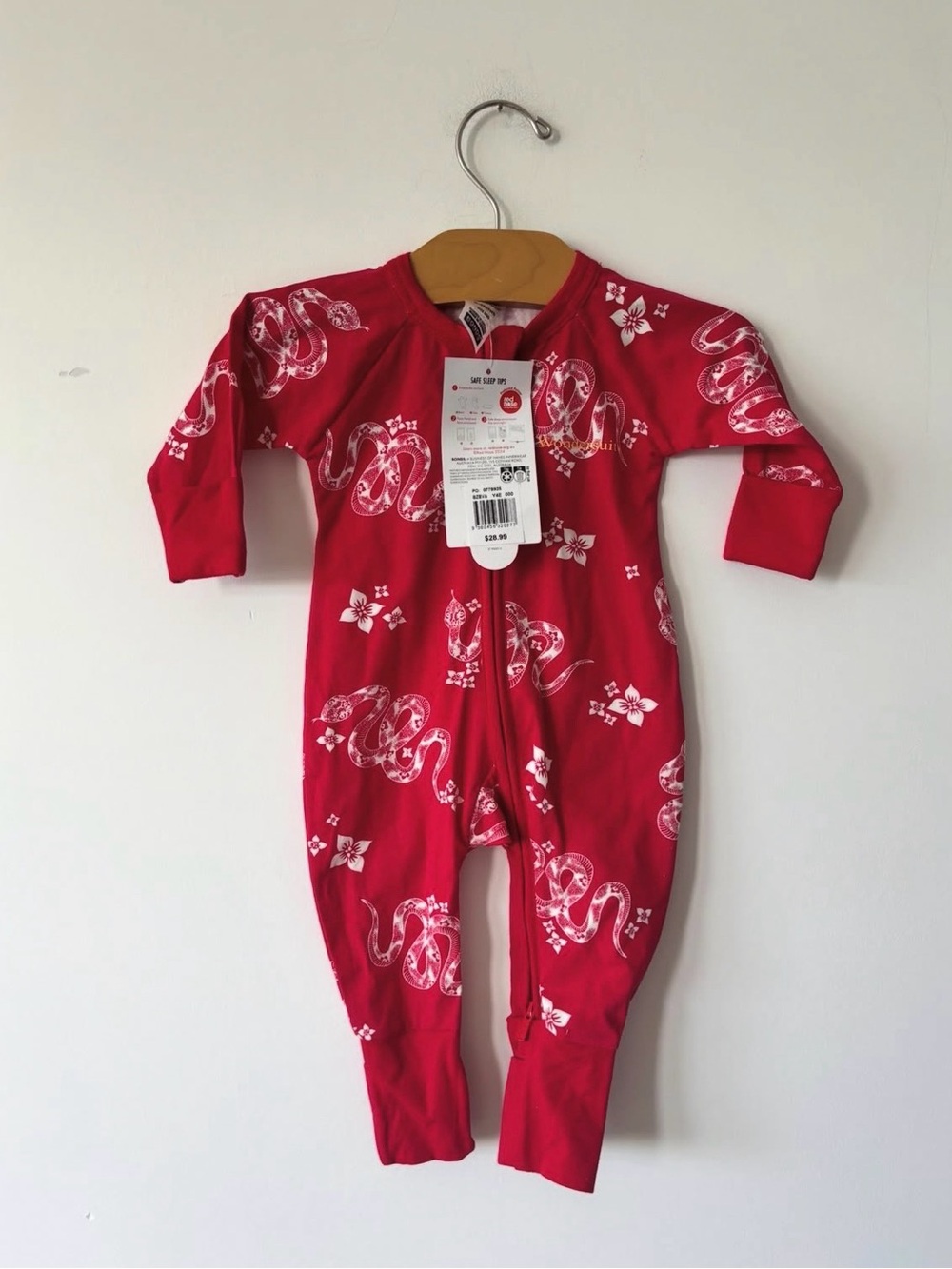 Bonds Red Snakes & Floral Print Zipper Footie